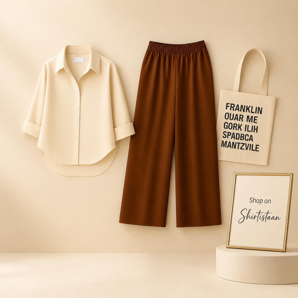 BEIGE BUTTON DOWN SHIRT WITH BROWN FLAPPER