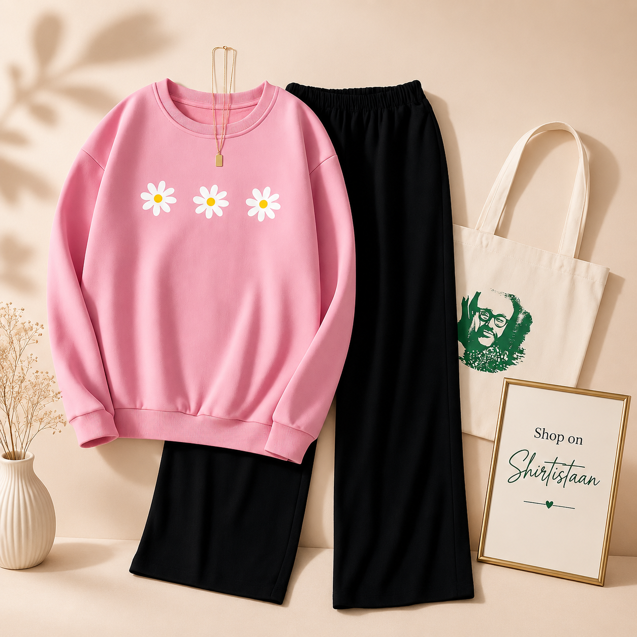 PINK SWEATSHIRT WITH 3 DAISY WITH FLAPPER