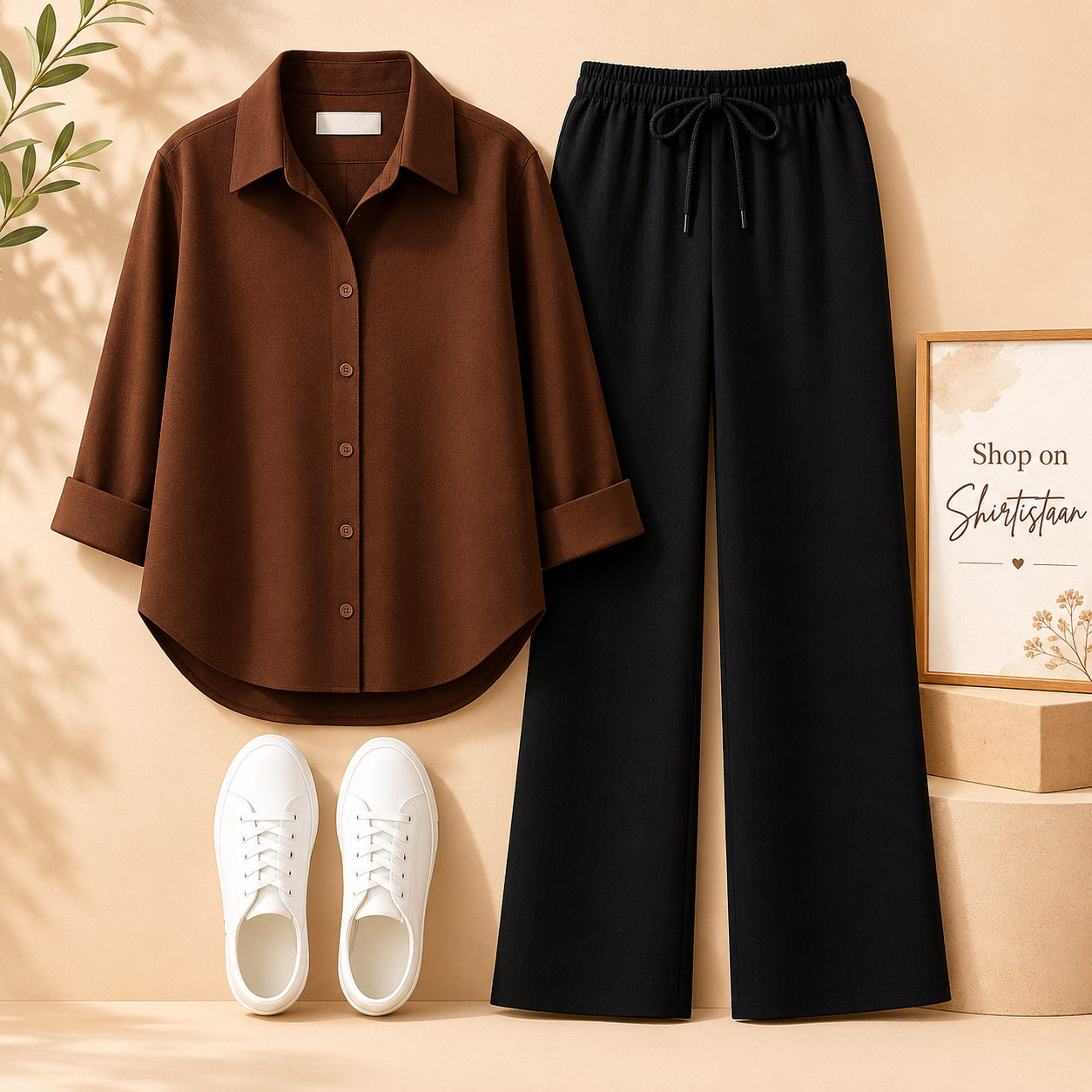 BROWN BUTTON DOWN SHIRT WITH BLACK FLAPPER