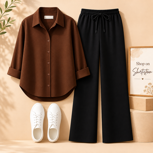 BROWN BUTTON DOWN SHIRT WITH BLACK FLAPPER