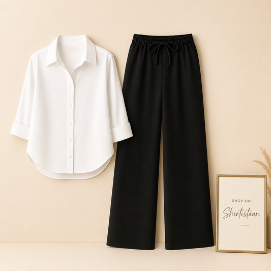 WHITE BUTTON DOWN SHIRT WITH BLACK FLAPPER