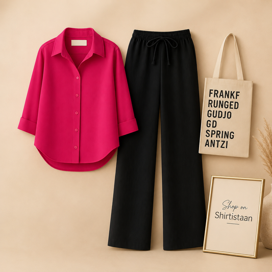 SHOCKING PINK BUTTON DOWN SHIRT WITH BLACK FLAPPER