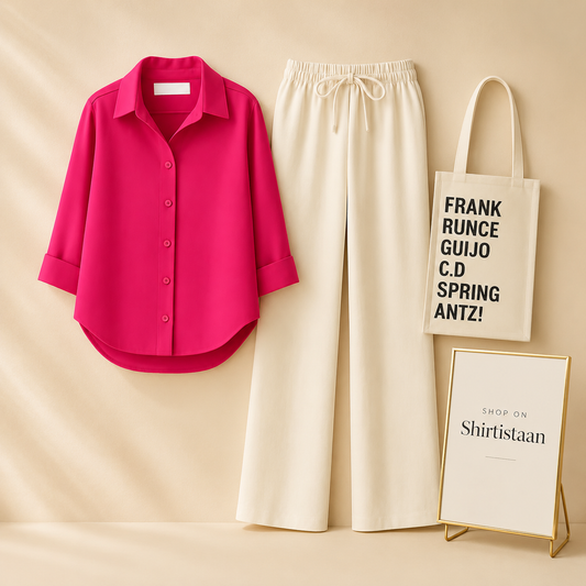 SHOCKING PINK BUTTON DOWN SHIRT WITH BEIGE FLAPPER