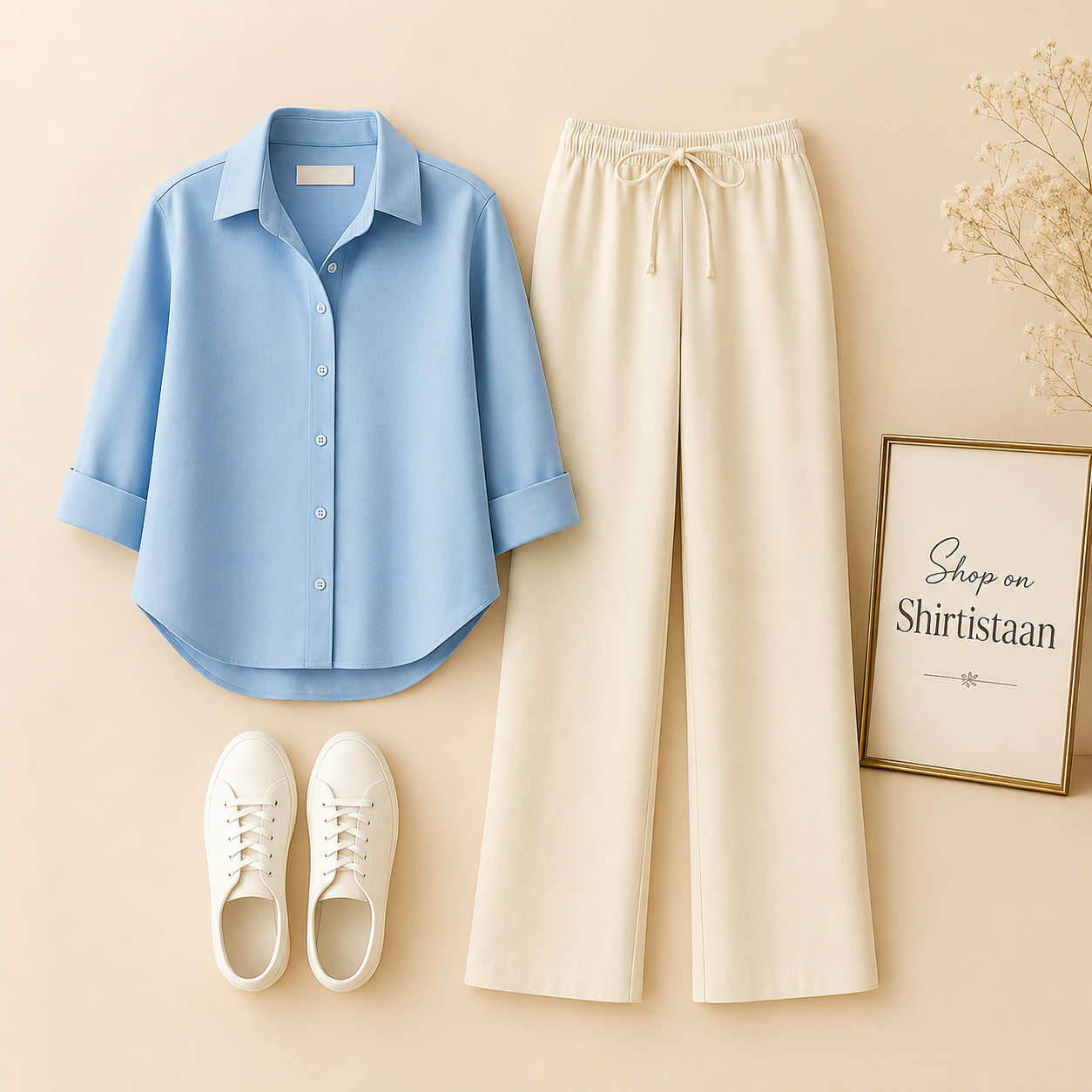 SKY BLUE BUTTON DOWN SHIRT WITH BEIGE FLAPPER