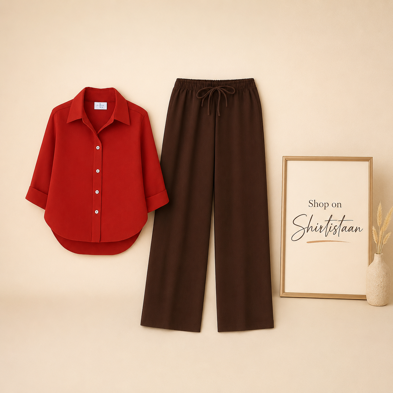 RED BUTTON DOWN SHIRT WITH BROWN FLAPPER