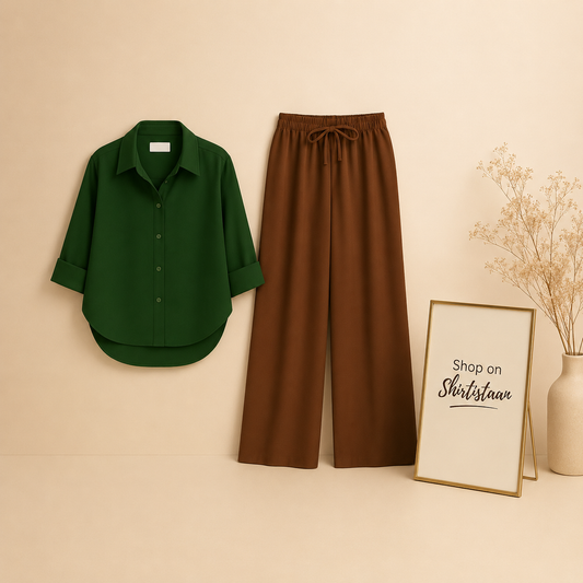 BOTTLE GREEN BUTTON DOWN SHIRT WITH BROWN FLAPPER