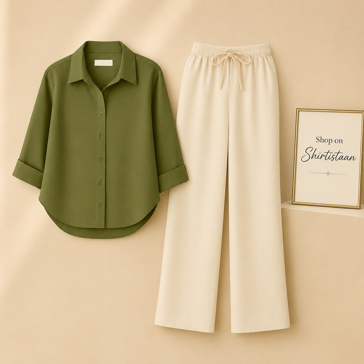 OLIVE GREEN BUTTON DOWN SHIRT WITH BEIGE FLAPPER