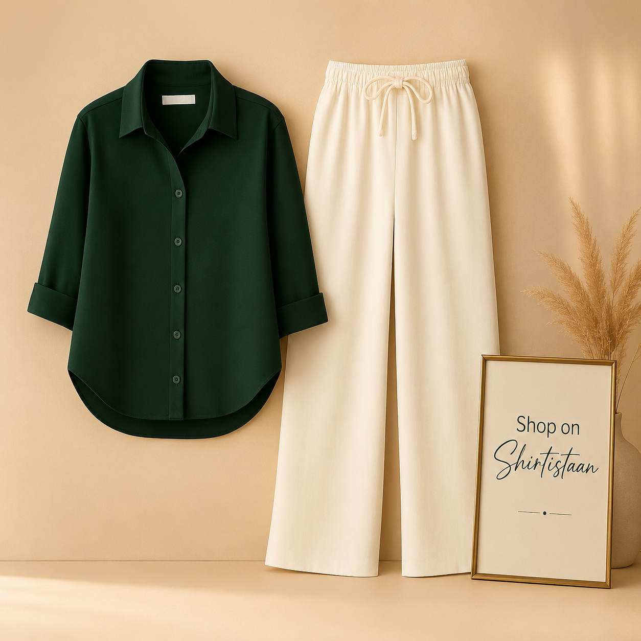 BOTTLE GREEN BUTTON DOWN SHIRT WITH BEIGE FLAPPER