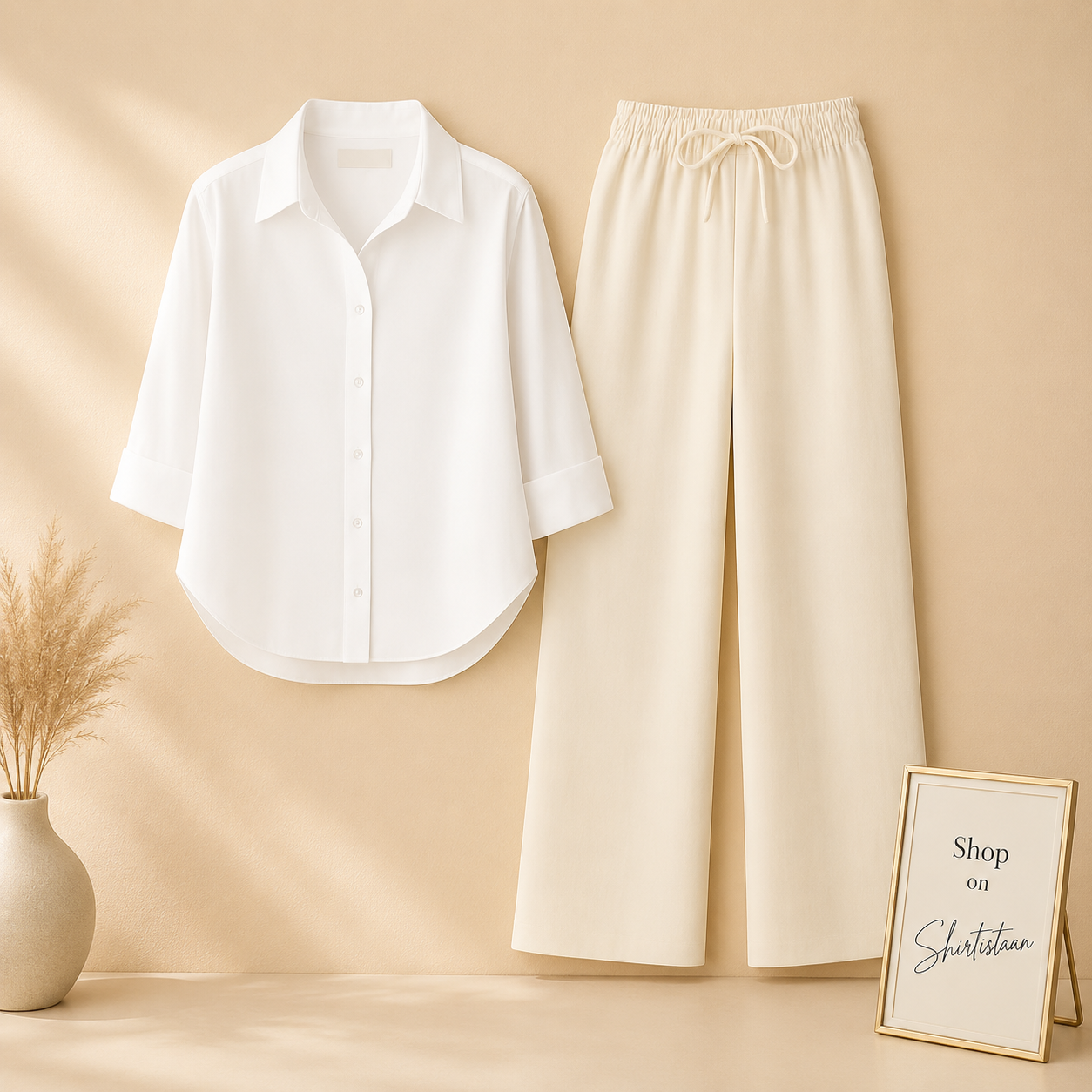 WHITE BUTTON DOWN SHIRT WITH BEIGE FLAPPER