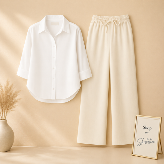 WHITE BUTTON DOWN SHIRT WITH BEIGE FLAPPER