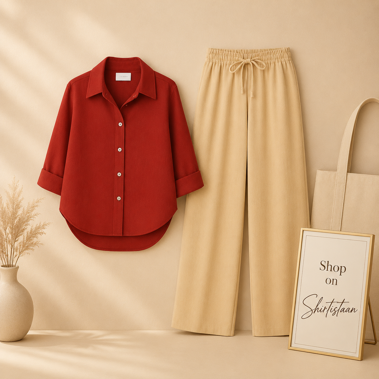 RED BUTTON DOWN SHIRT WITH BEIGE FLAPPER