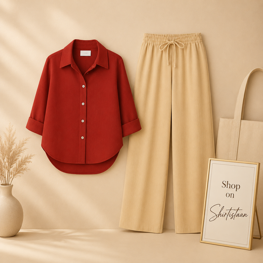 RED BUTTON DOWN SHIRT WITH BEIGE FLAPPER