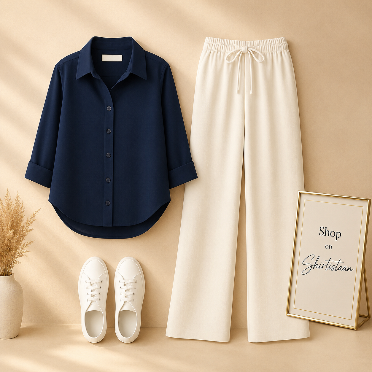 NAVY BLUE BUTTON DOWN SHIRT WITH BEIGE FLAPPER