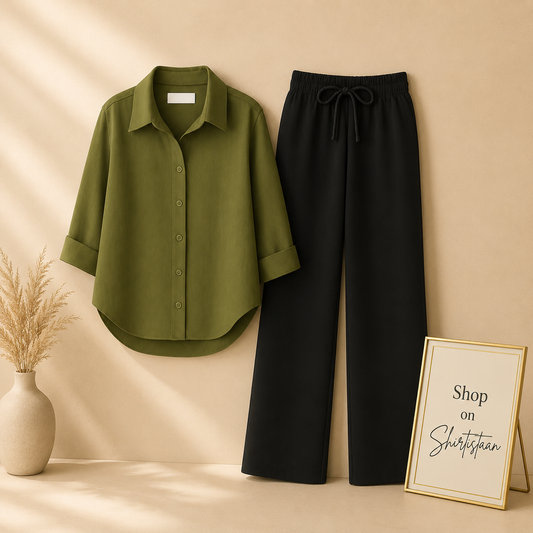 OLIVE GREEN BUTTON DOWN SHIRT WITH BLACK FLAPPER
