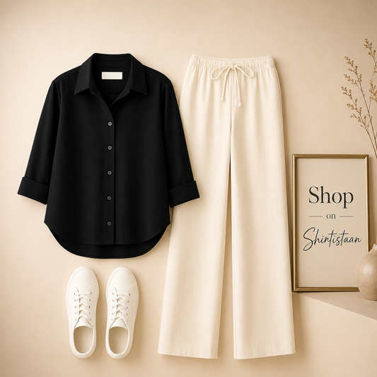 BLACK BUTTON DOWN SHIRT WITH BEIGE FLAPPER
