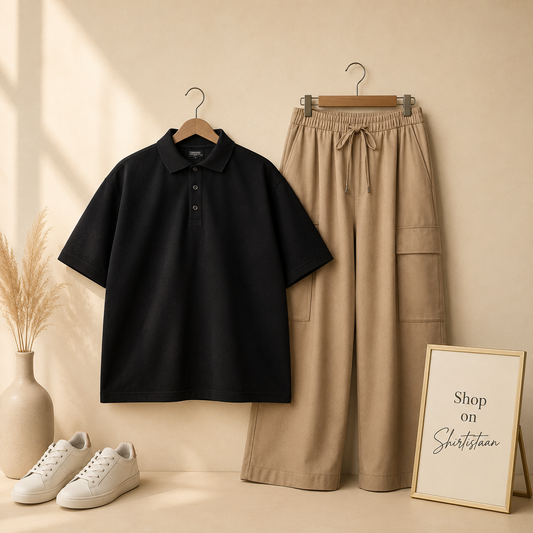 BLACK POLO SHIRT WITH BEIGE CARGO TROUSER
