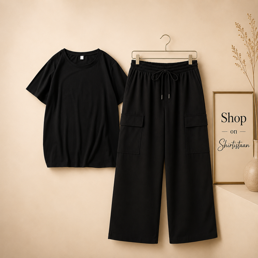 BLACK TSHIRT WITH BLACK CARGO TROUSER