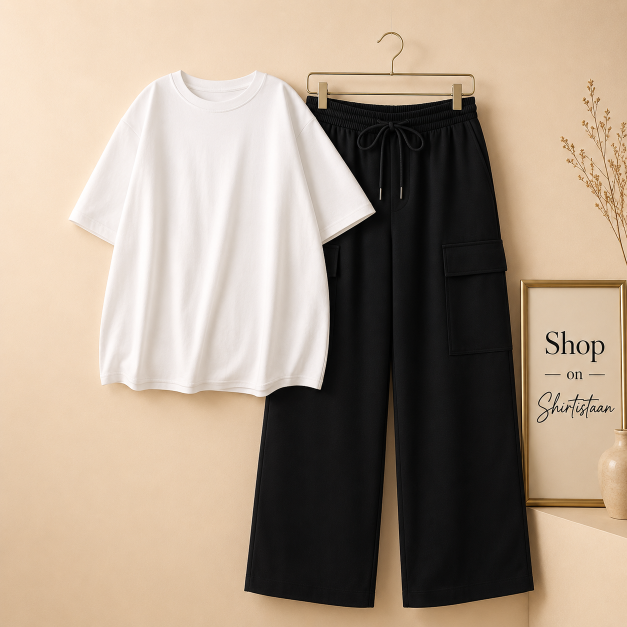 WHITE TSHIRT WITH BLACK CARGO TROUSER