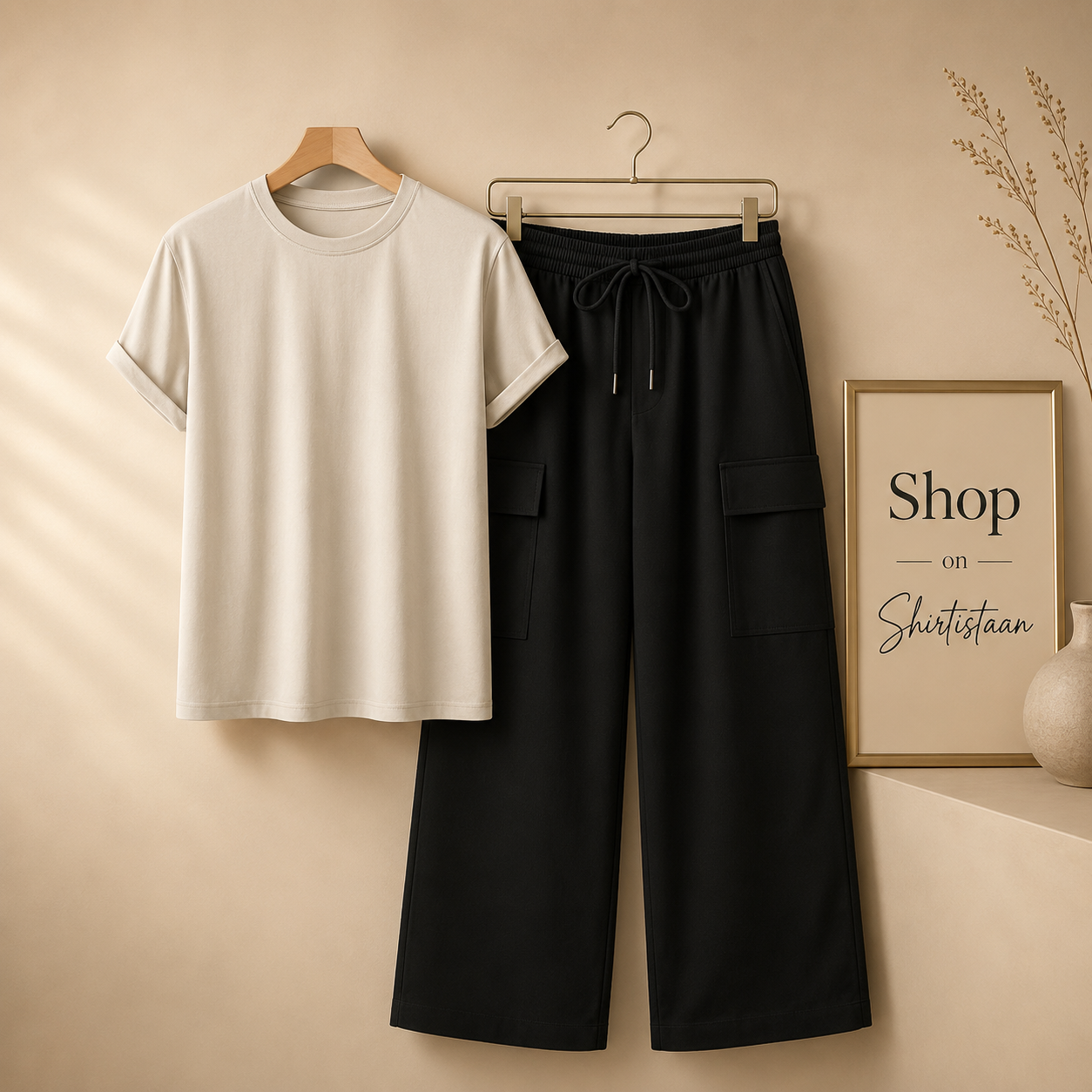 BEIGE TSHIRT WITH BLACK CARGO TROUSER