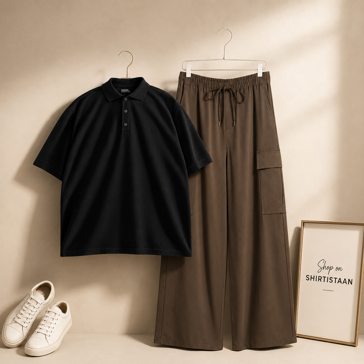 BLACK POLO SHIRT WITH BROWN CARGO TROUSER