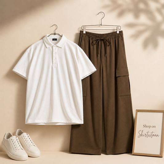 WHITE POLO SHIRT WITH BROWN CARGO TROUSER