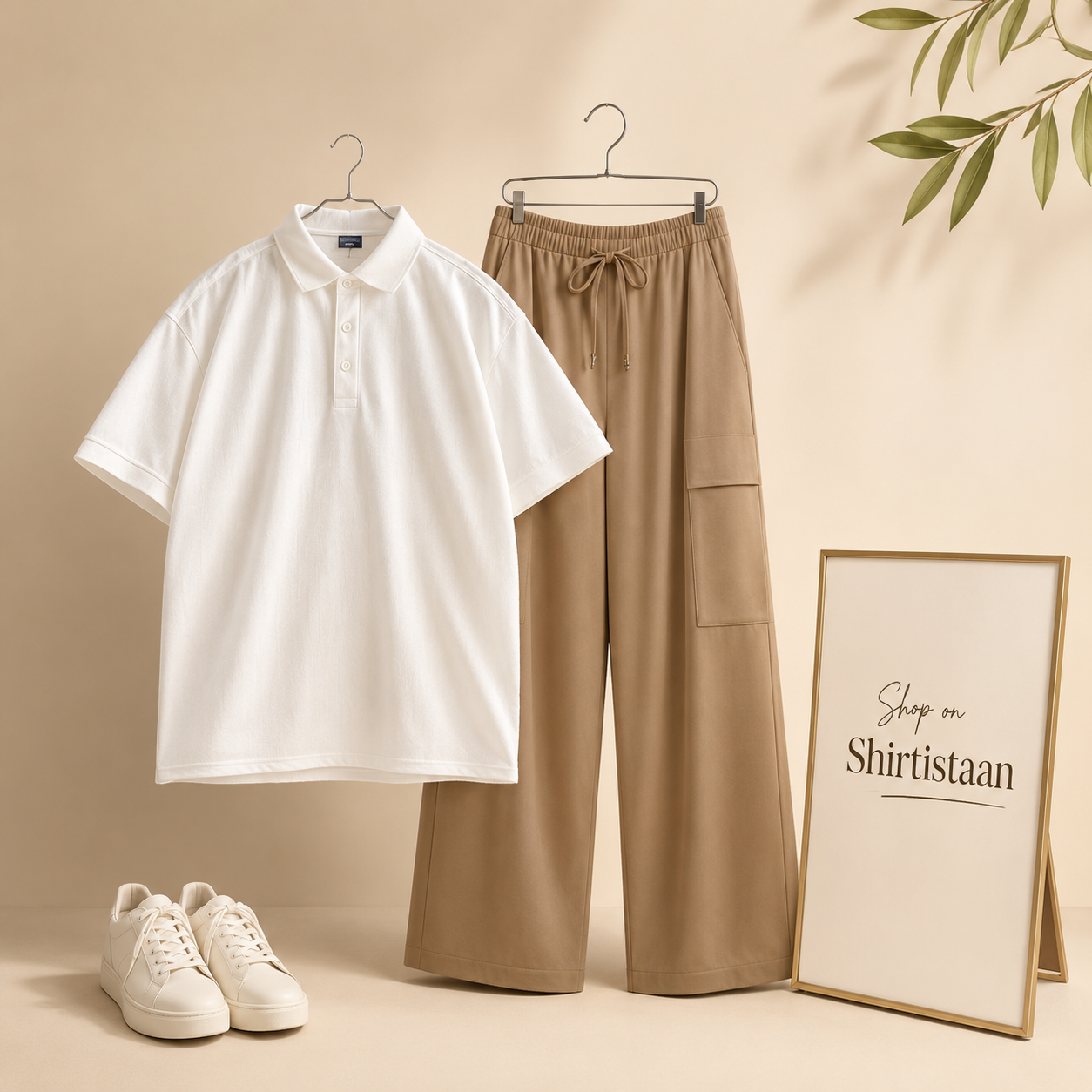 WHITE POLO SHIRT WITH BEIGE CARGO TROUSER