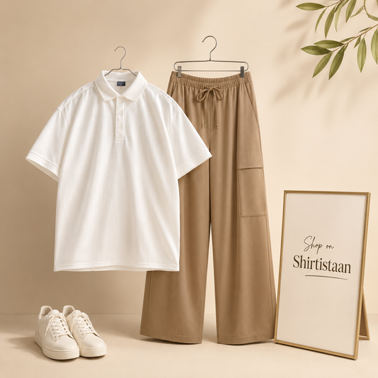 WHITE POLO SHIRT WITH BEIGE CARGO TROUSER