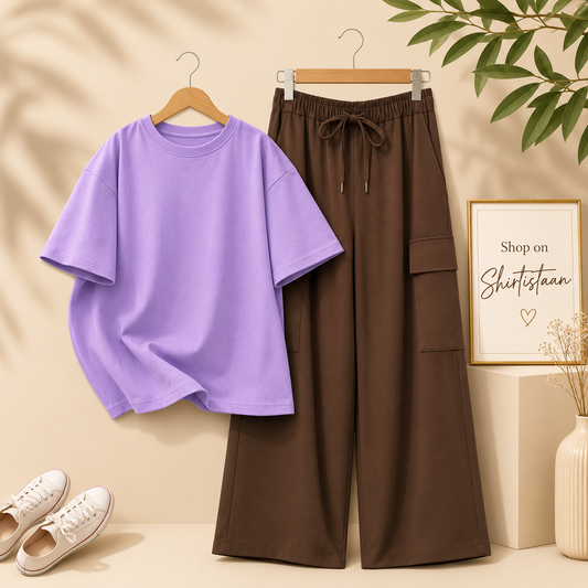 LILAC TSHIRT WITH BROWN CARGO TROUSER