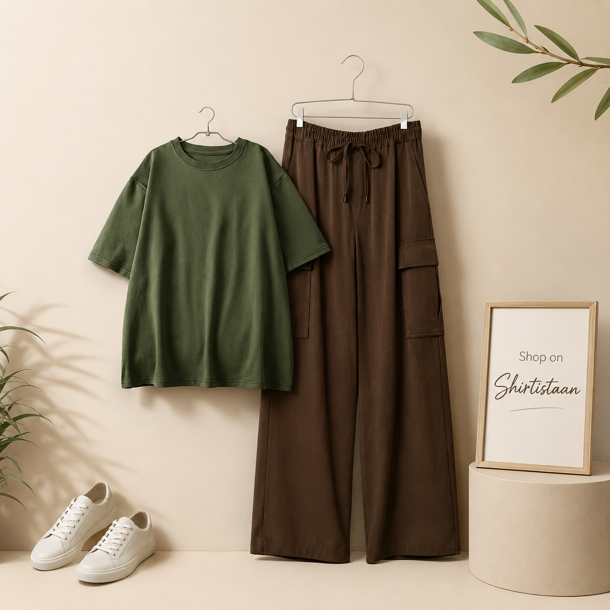 OLIVE TREE TSHIRT WITH BROWN CARGO TROUSER