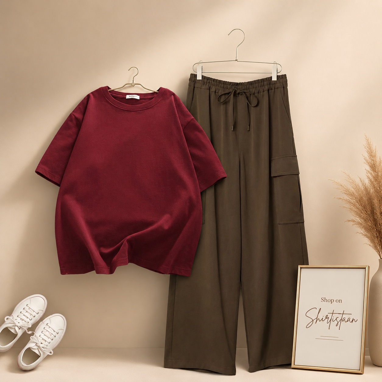 MAROON TSHIRT WITH BROWN CARGO TROUSER