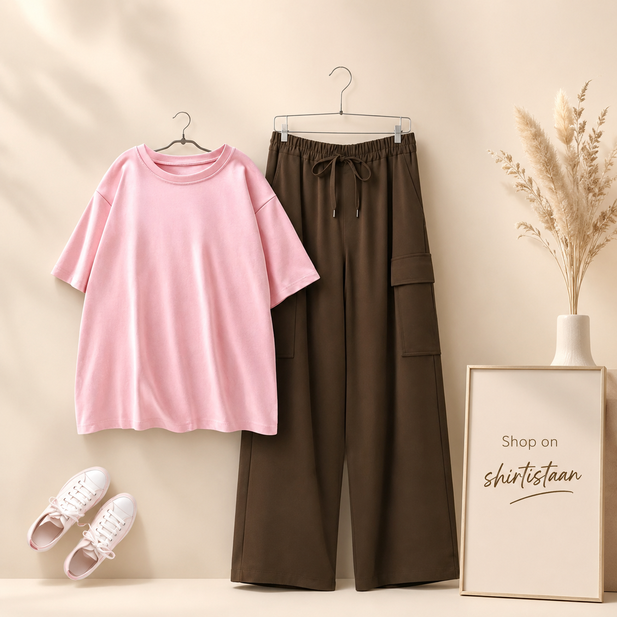 PINK TSHIRT WITH BROWN CARGO TROUSER
