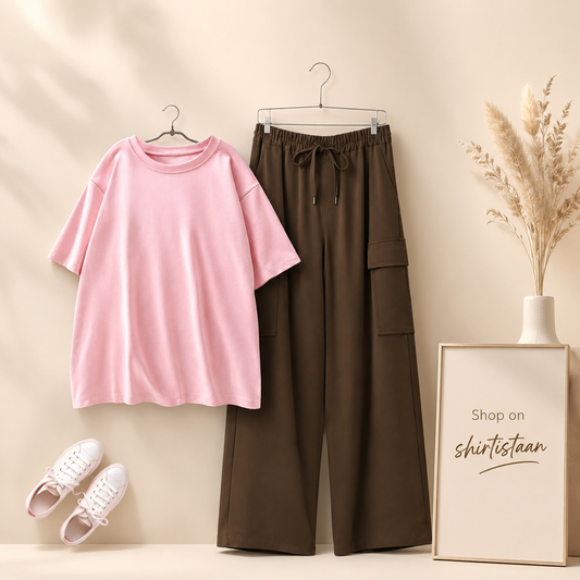 PINK TSHIRT WITH BROWN CARGO TROUSER