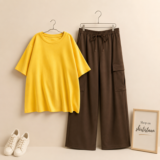 YELLOW TSHIRT WITH BROWN CARGO TROUSER