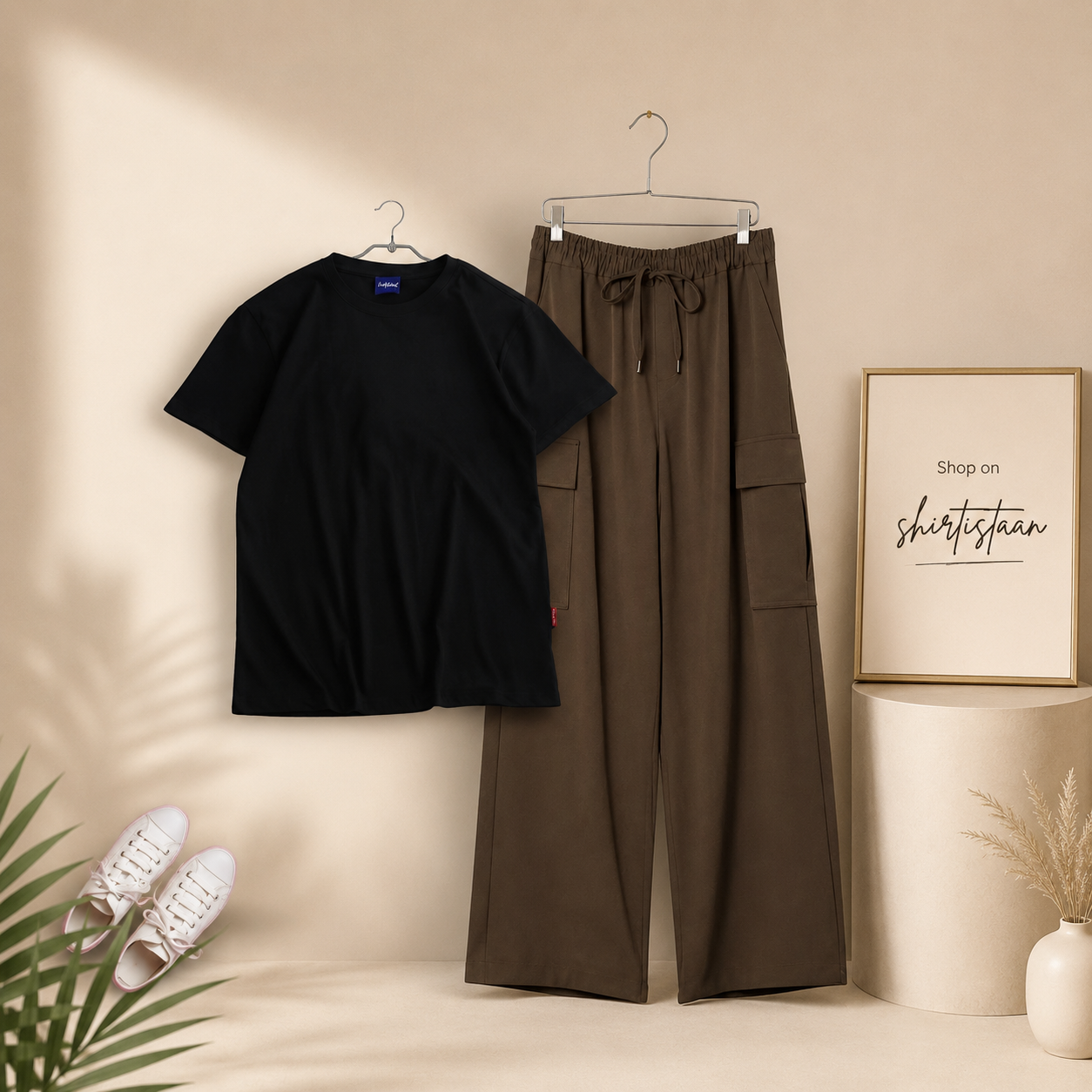 BLACK TSHIRT WITH BROWN CARGO TROUSER