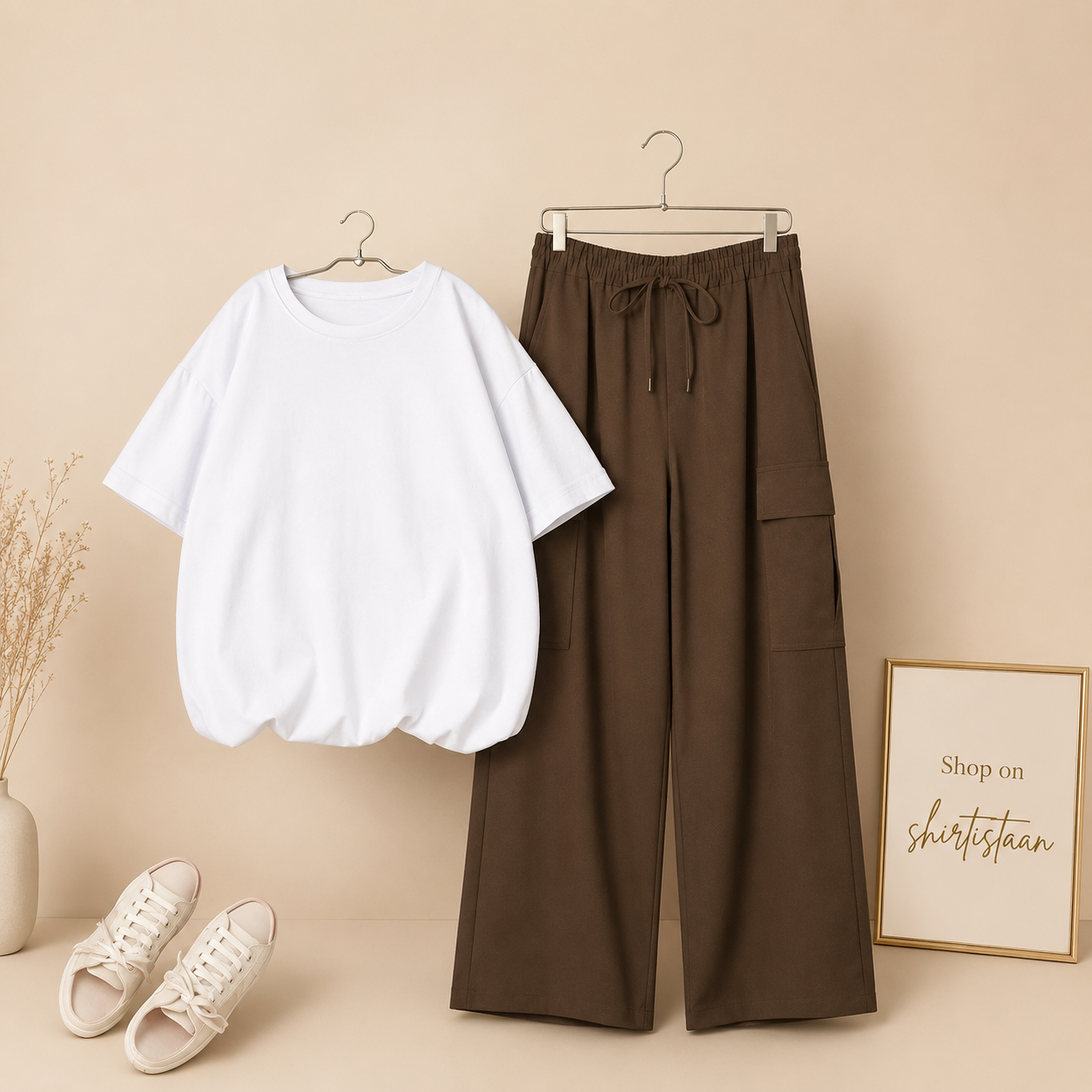 WHITE TSHIRT WITH BROWN CARGO TROUSER