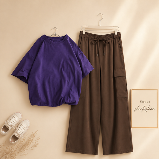 PURPLE TSHIRT WITH BROWN CARGO TROUSER