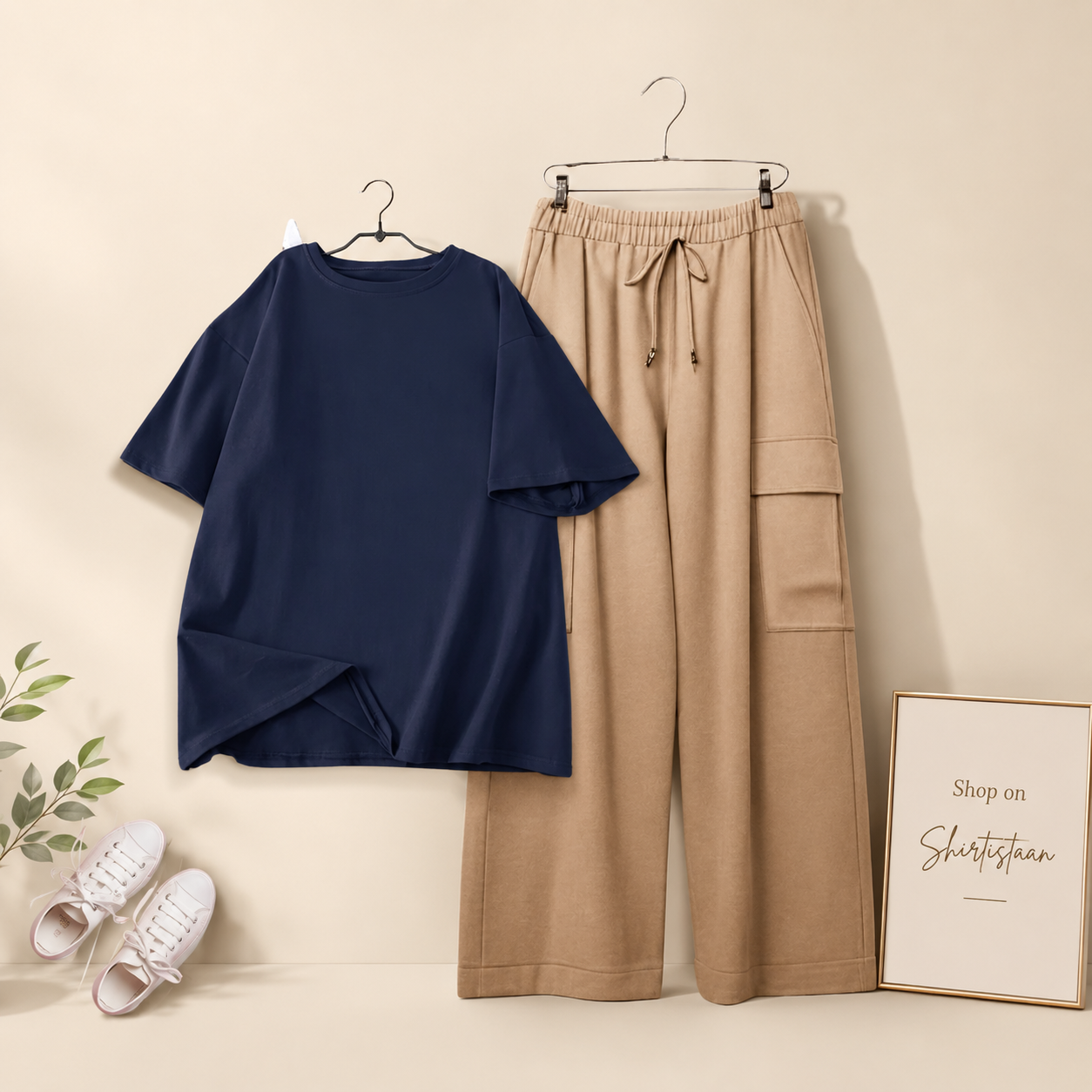 NAVY BLUE TSHIRT WITH BEIGE CARGO TROUSER