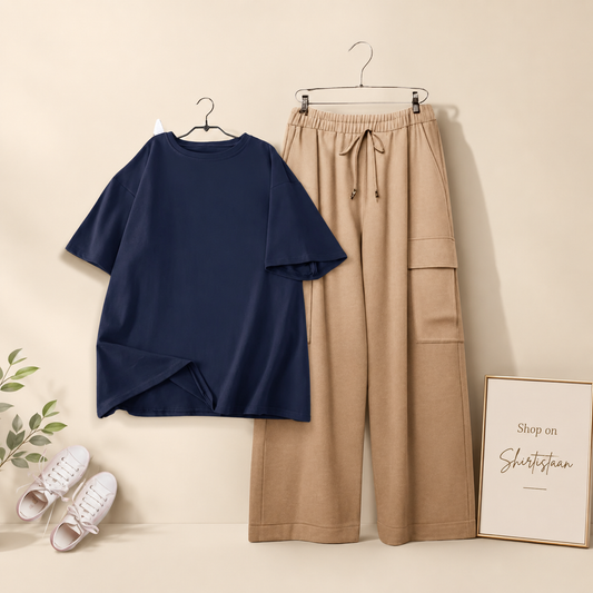 NAVY BLUE TSHIRT WITH BEIGE CARGO TROUSER