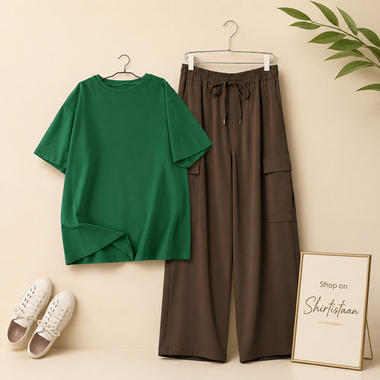 BOTTLE GREEN TSHIRT WITH BROWN CARGO TROUSER