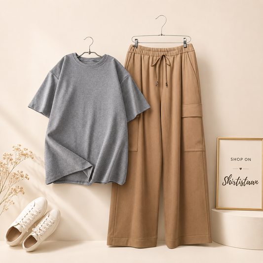 GREY TSHIRT WITH BEIGE CARGO TROUSER