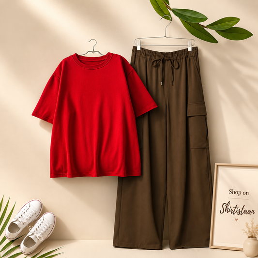 RED TSHIRT WITH BROWN CARGO TROUSER