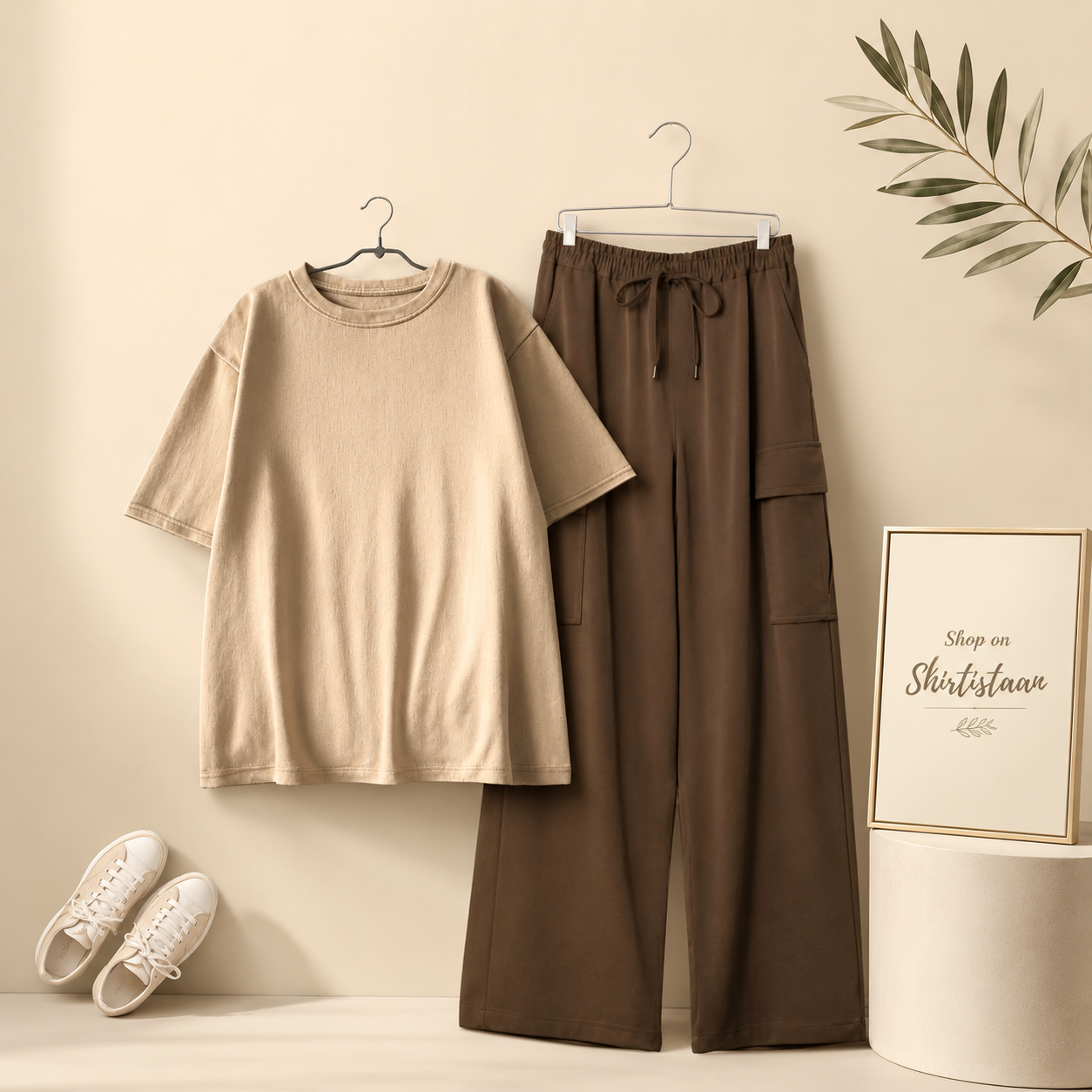 BEIGE TSHIRT WITH BROWN CARGO TROUSER