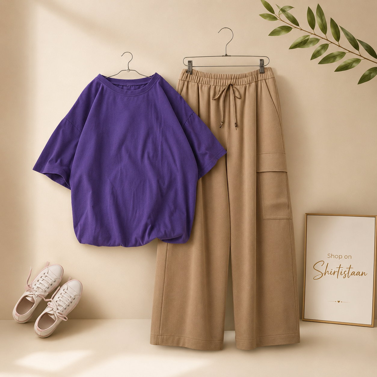 PURPLE TSHIRT WITH BEIGE CARGO TROUSER