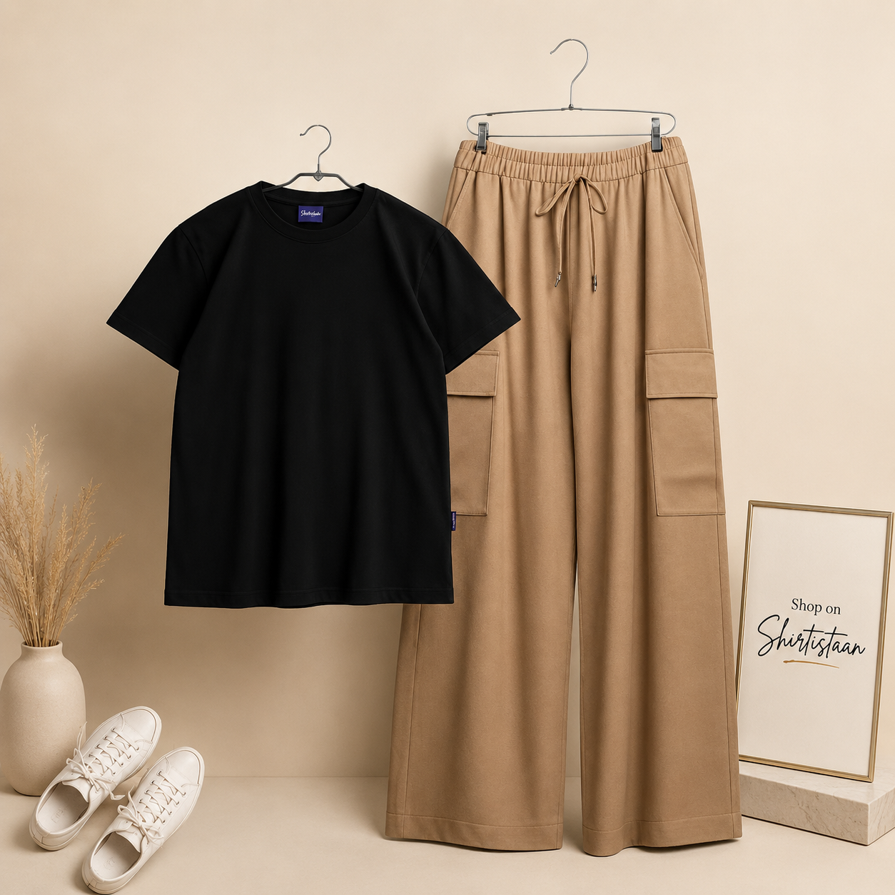 BLACK TSHIRT WITH BEIGE CARGO TROUSER