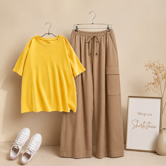 YELLOW TSHIRT WITH BEIGE CARGO TROUSER
