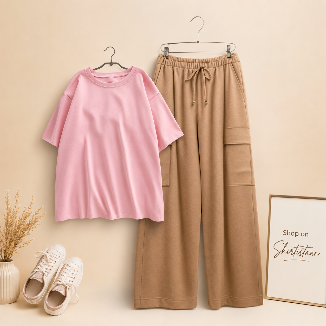 PINK TSHIRT WITH BEIGE CARGO TROUSER