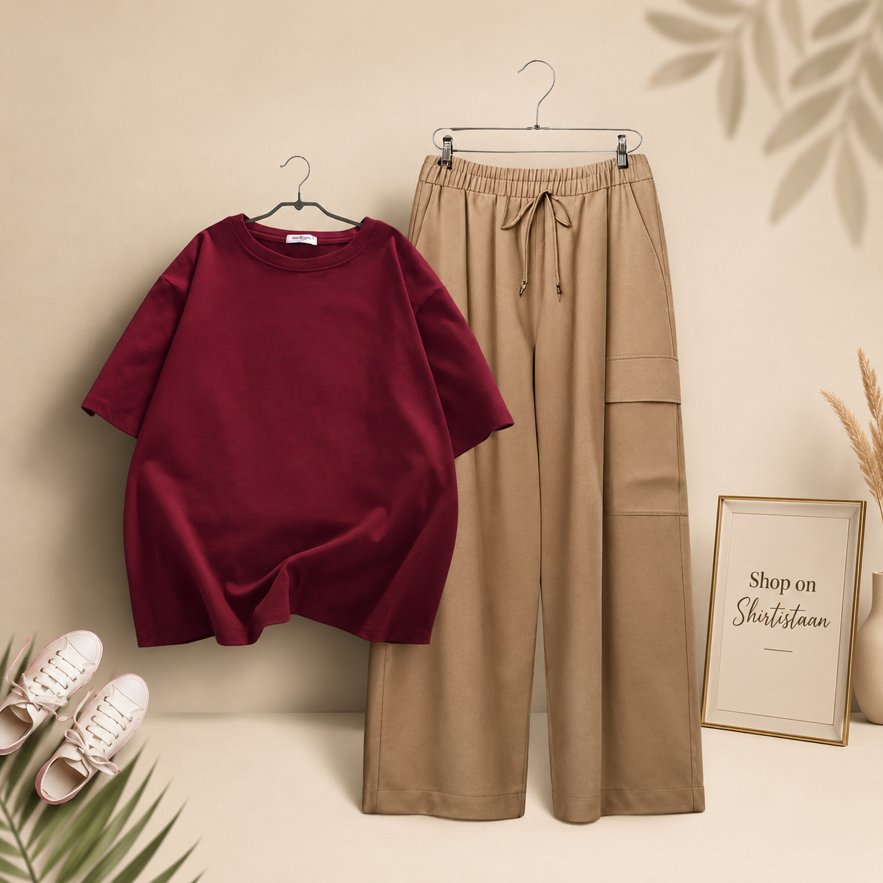 MAROON TSHIRT WITH BEIGE CARGO TROUSER
