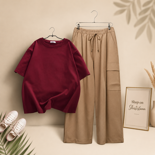 MAROON TSHIRT WITH BEIGE CARGO TROUSER