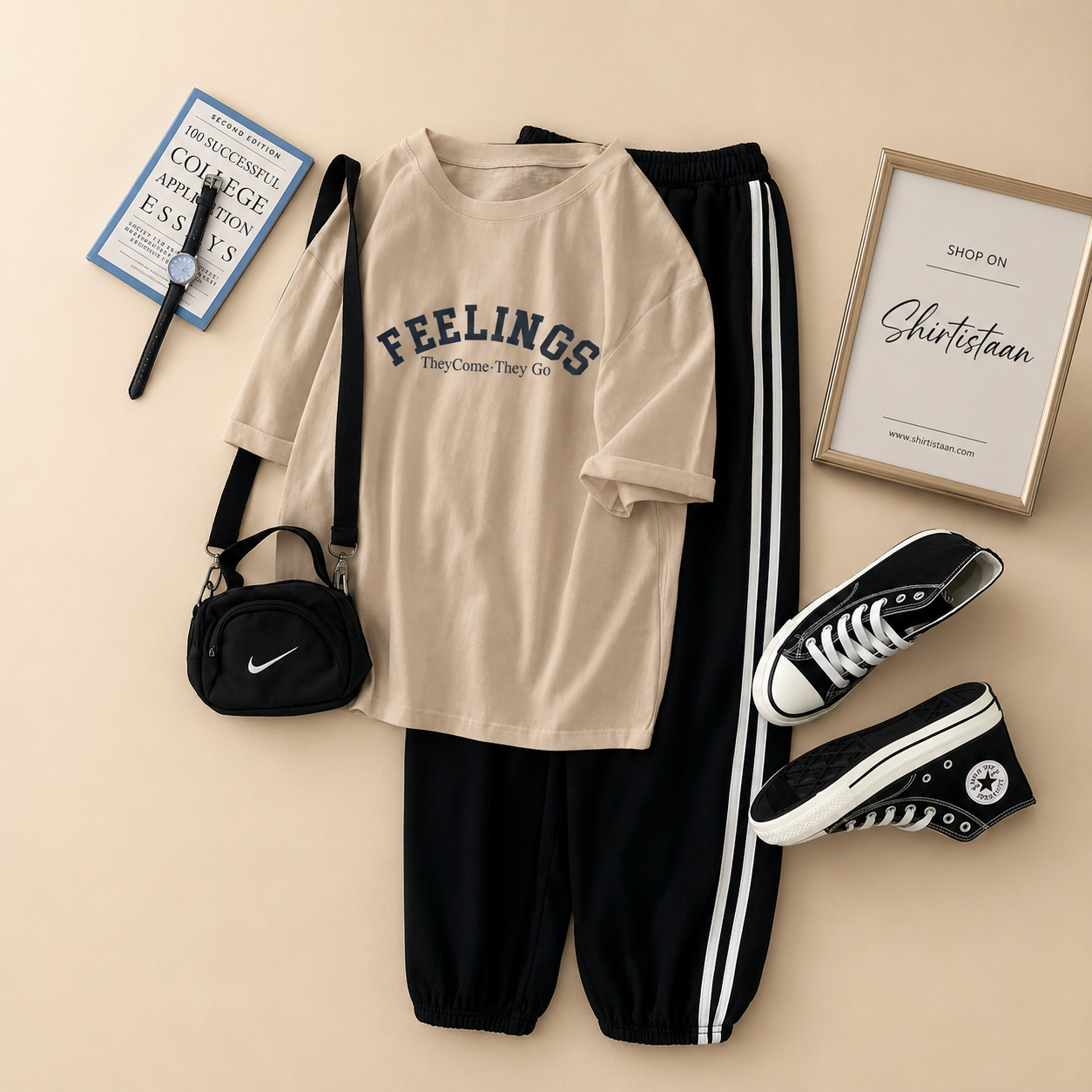 CREAM TEE FEELINGS WITH STRIPE TROUSER