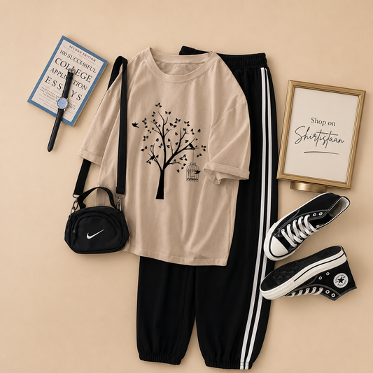 CREAM TEE NEW TREE WITH STRIPE TROUSER